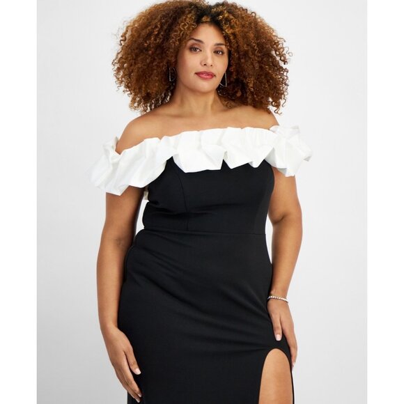 City Studios Trendy Plus Size 24W Ruffled Off-The-Shoulder Gown Black MSRP $119 - Picture 2 of 4